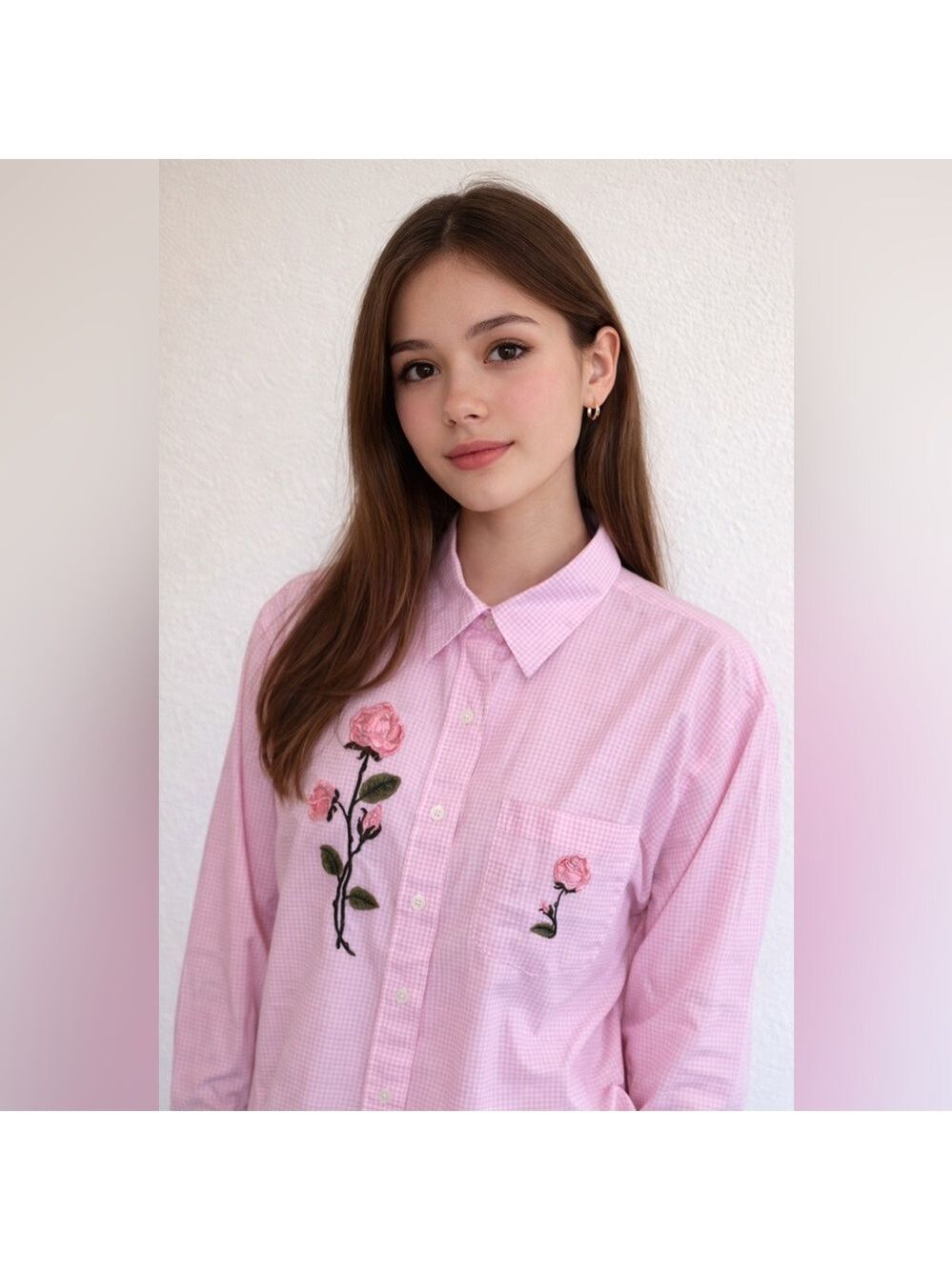 Vintage Embroidered Roses Blouse Pink Gingham Plaid Floral XL
